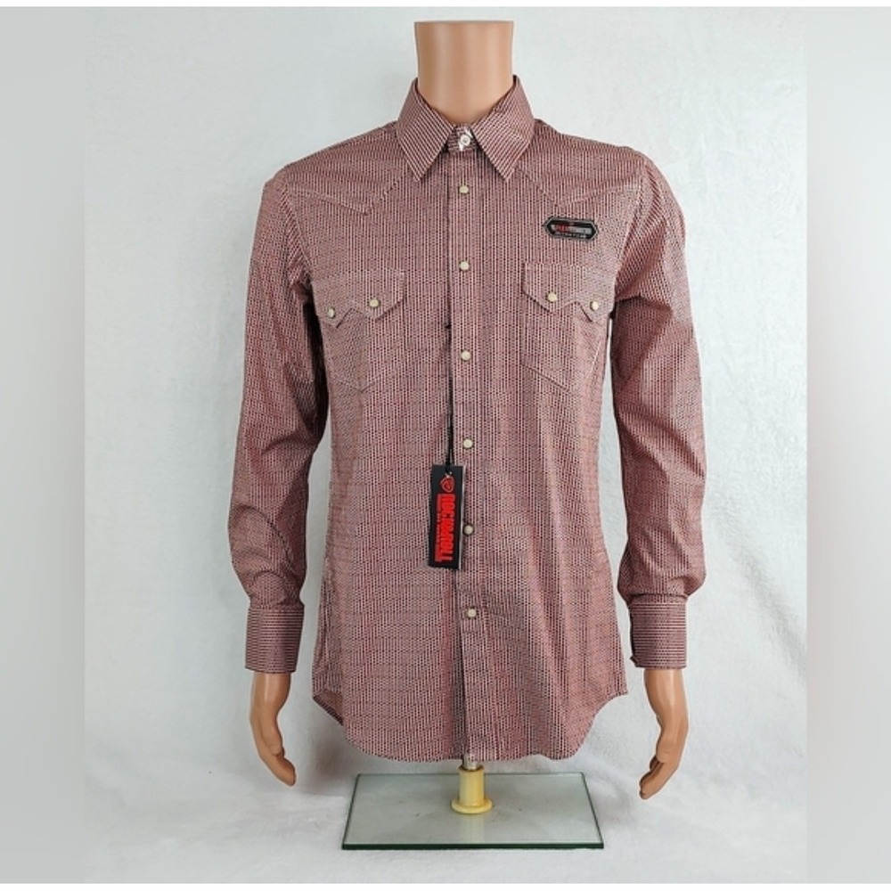 Rock and Roll Denim Mens Reflex Stretch Western Pearl Snap Shirt Red Geometric S